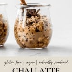 A jar of chai tea overnight oats in a glass jar with a cinnamon stick on top. Text on the bottom of the photo on a beige background reads "gluten free, vegan, naturally sweetened chai latte overnight oats"