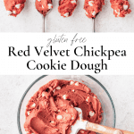 red velvet chickpea cookie dough on spoons and in a bowl