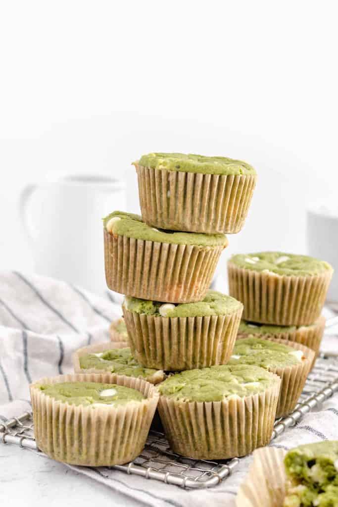 a stack of matcha muffins