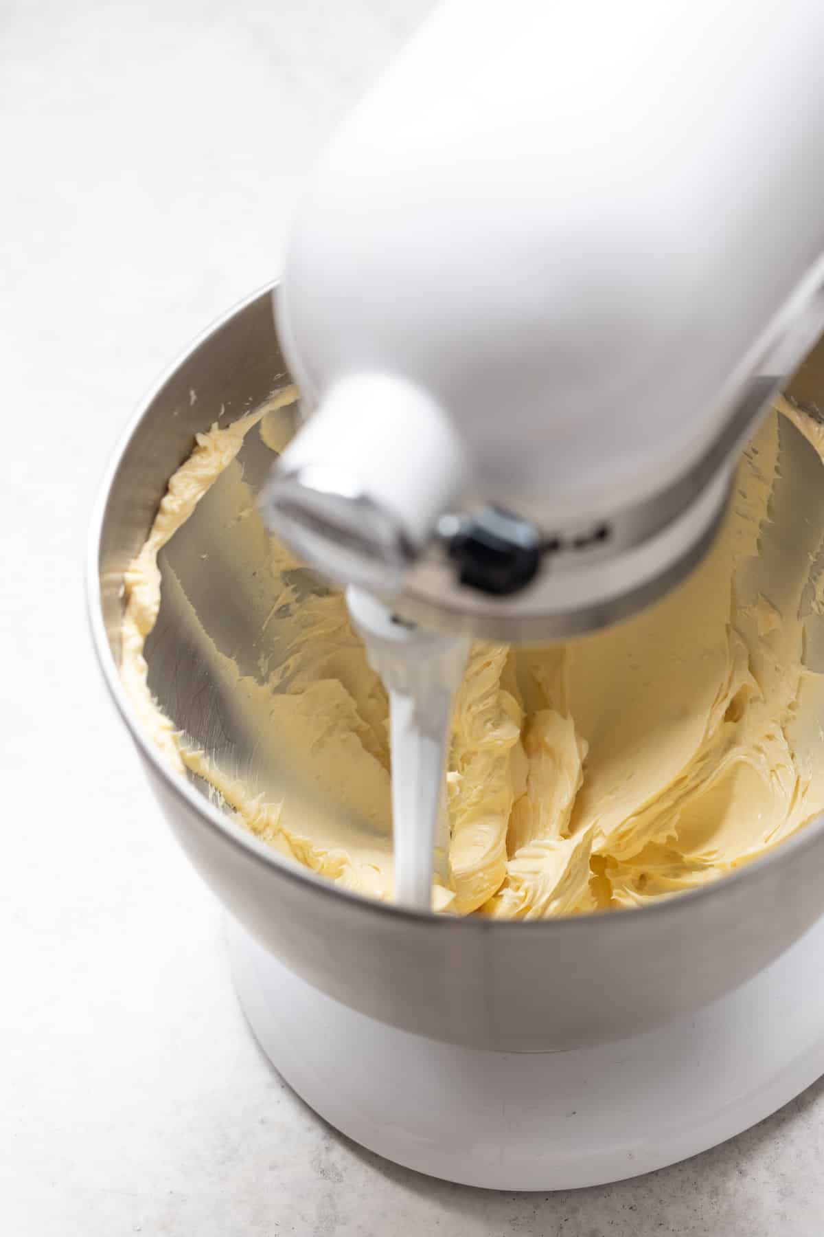 Creaming butter in a stand mixer.