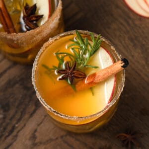 A cocktail in a glass with an apple ring, rosemary, star anise, and charred cinnamon stick.