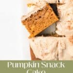 A pumpkin snack cake with one piece of the cake sticking up to show texture.