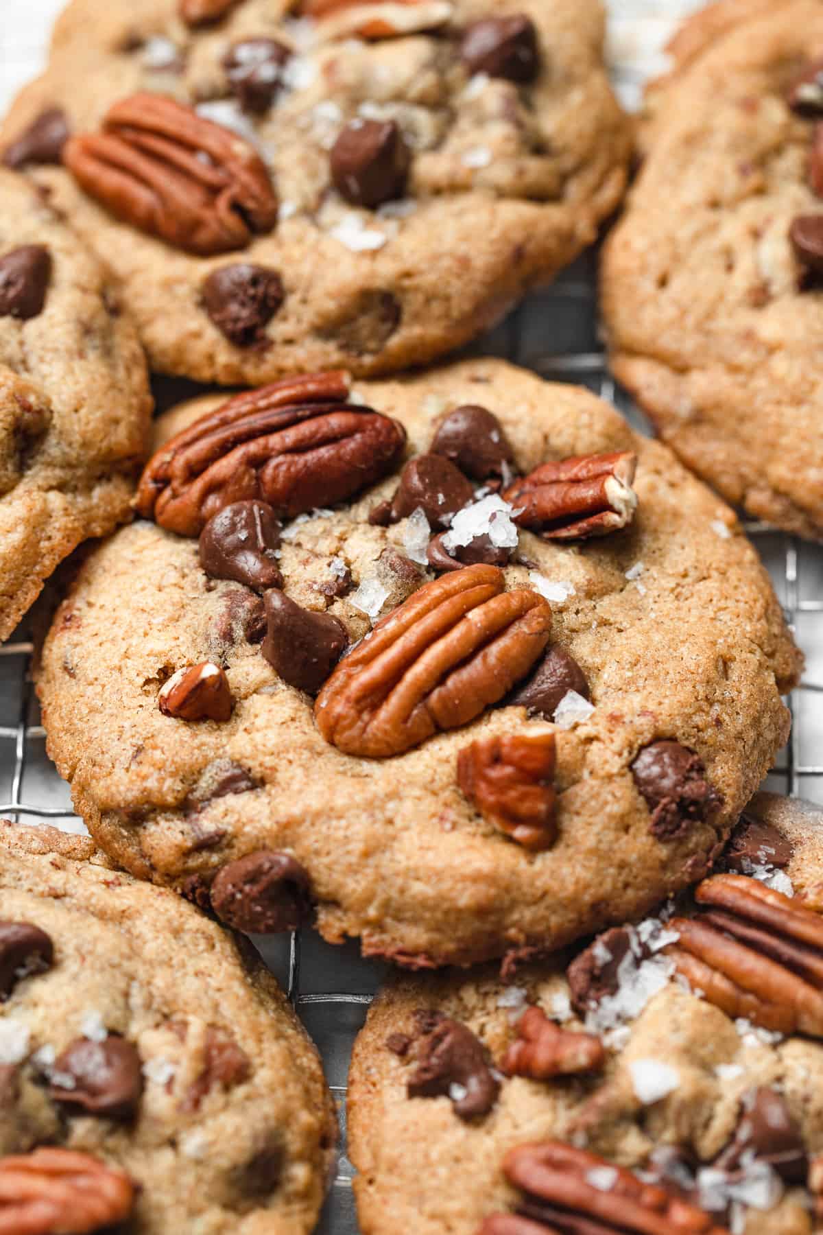A close up of a brown butter chocolate chip cookie with pecans.