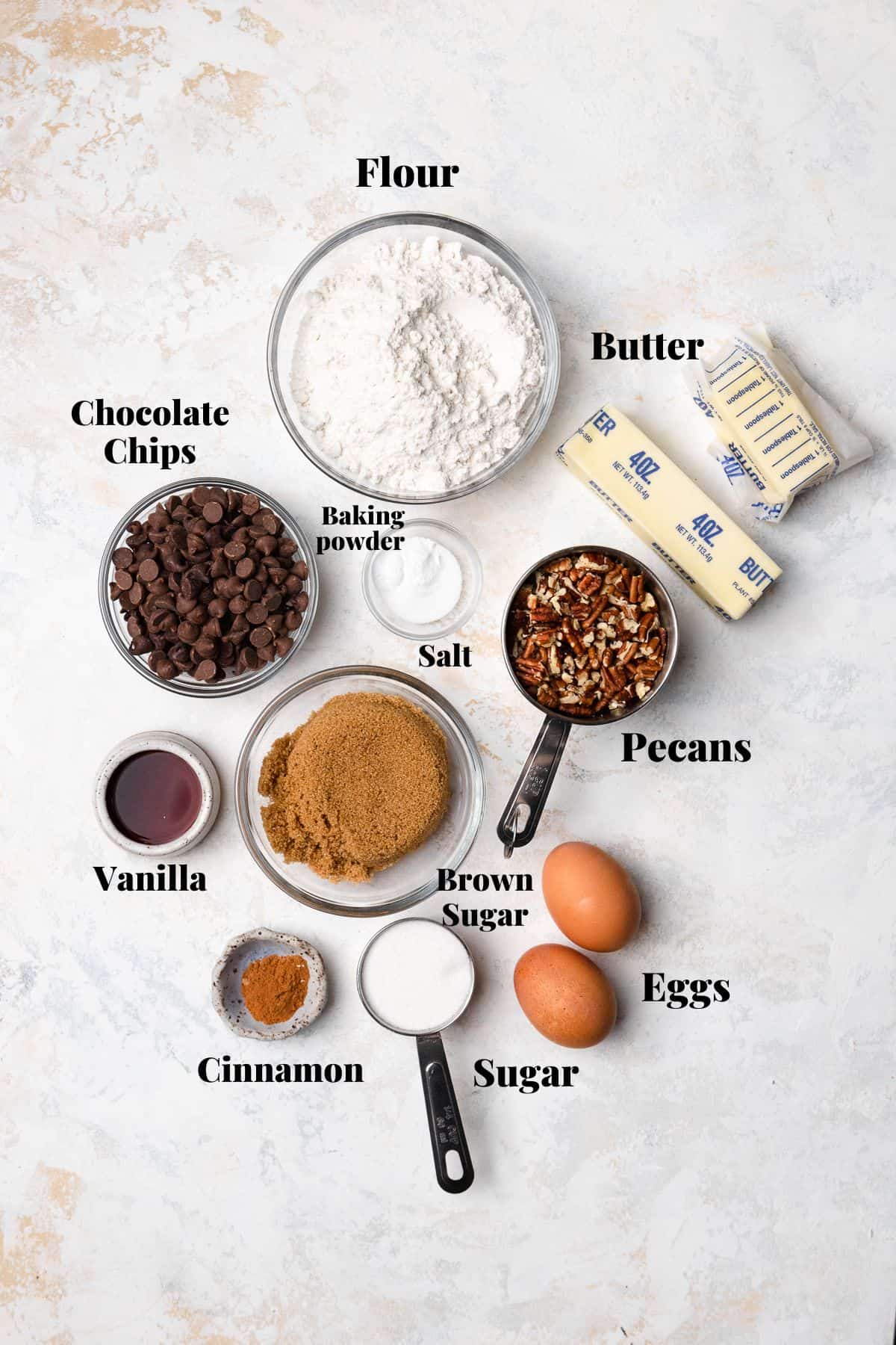 Ingredients to make brown butter pecan chocolate chip cookies.