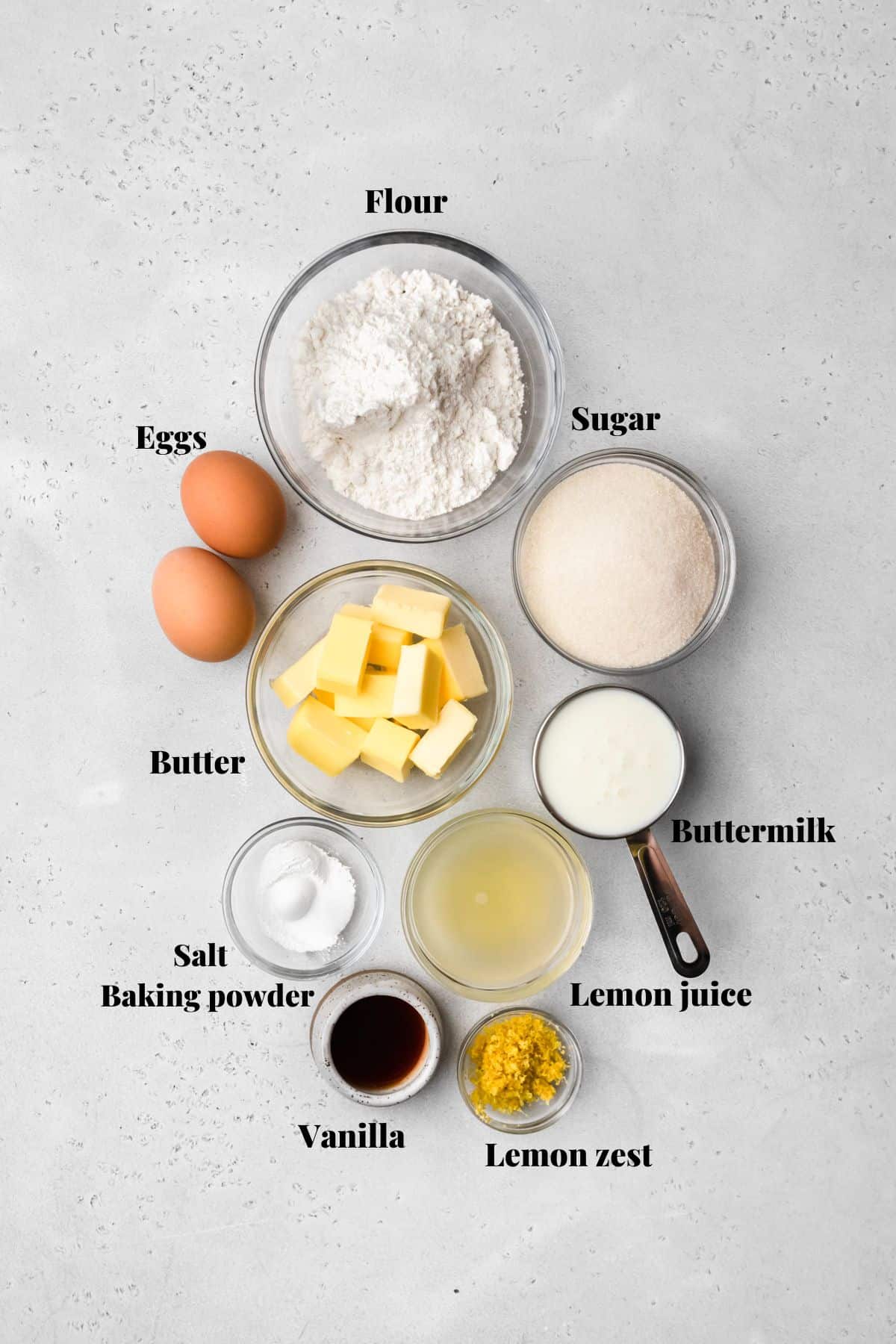 Ingredients to make lemon lavender cupcakes.