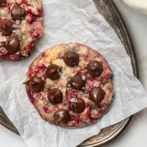 Raspberry cookie topped with chocolate chips and sea salt.