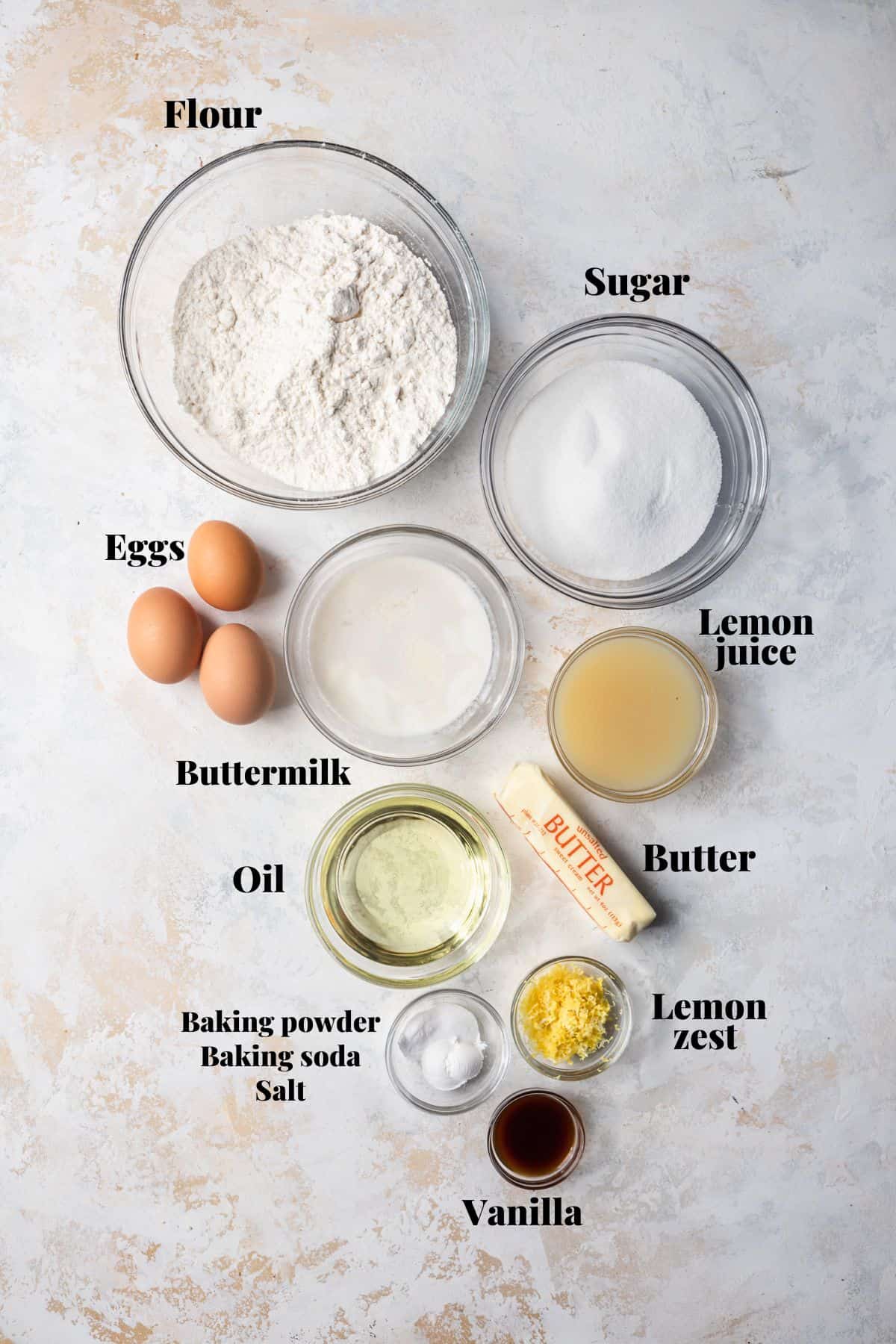 Ingredients to make lemon berry mascarpone cake.
