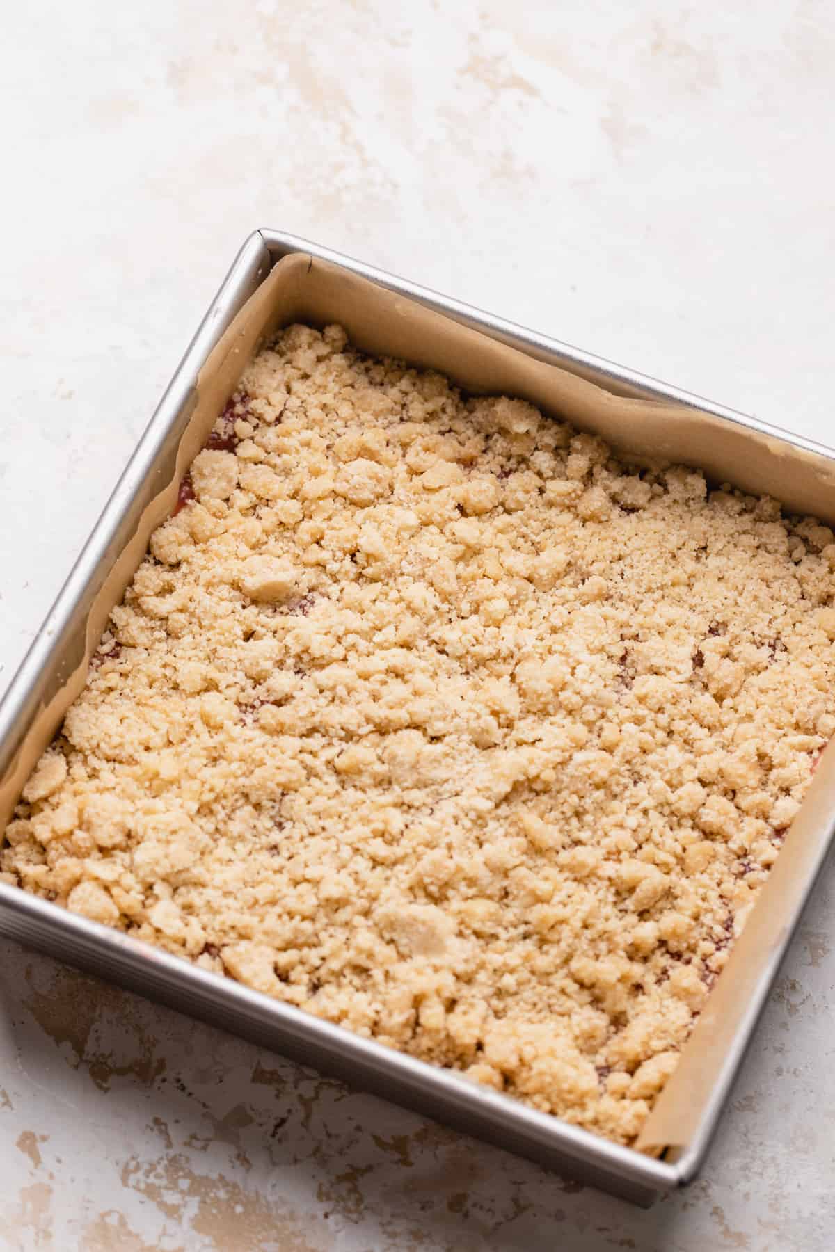 Crumble on top of cake batter in a square pan.