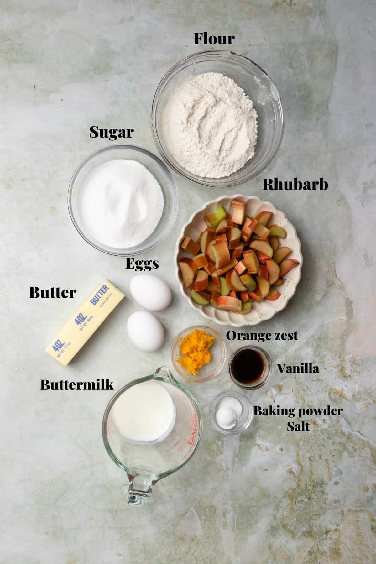 Ingredients to make rhubarb cake.