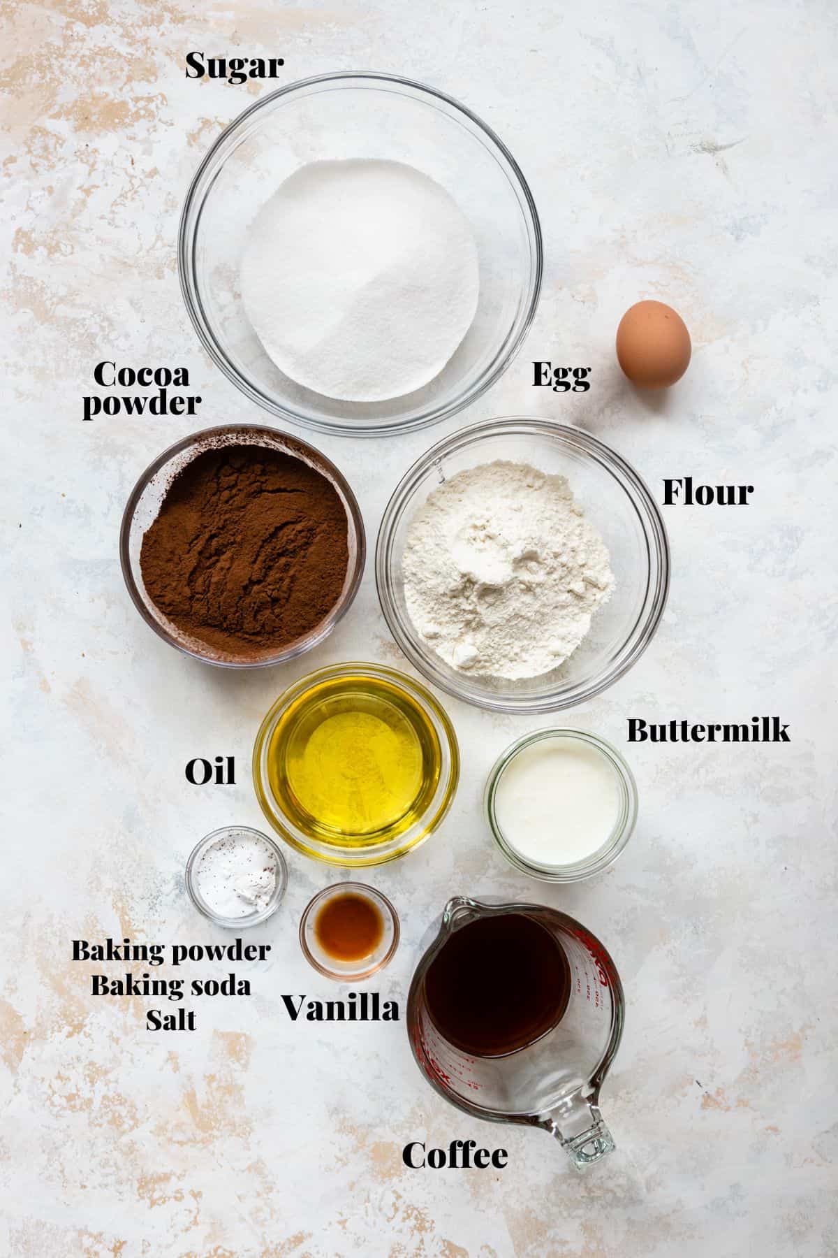 Ingredients to make small batch chocolate cupcakes.