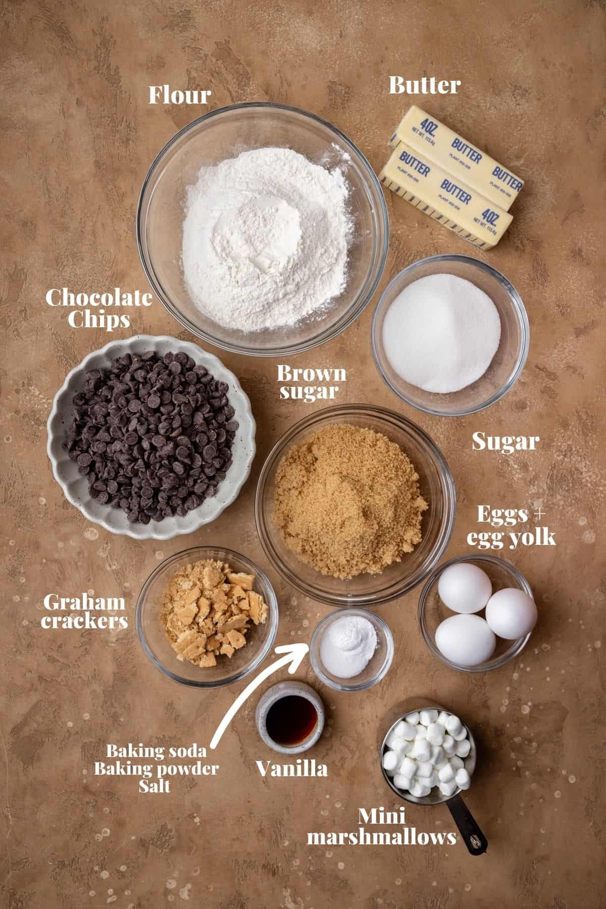 Ingredients to make a s'mores skillet cookie.