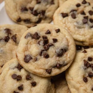 A close up of a chocolate chip cookie.