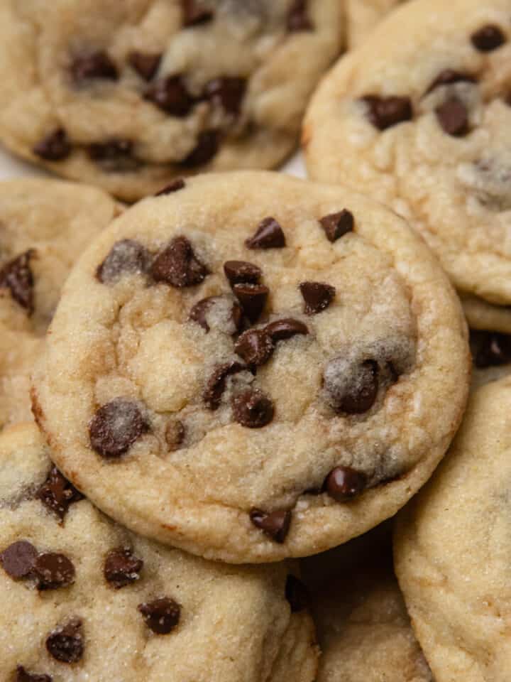 A close up of a chocolate chip cookie.