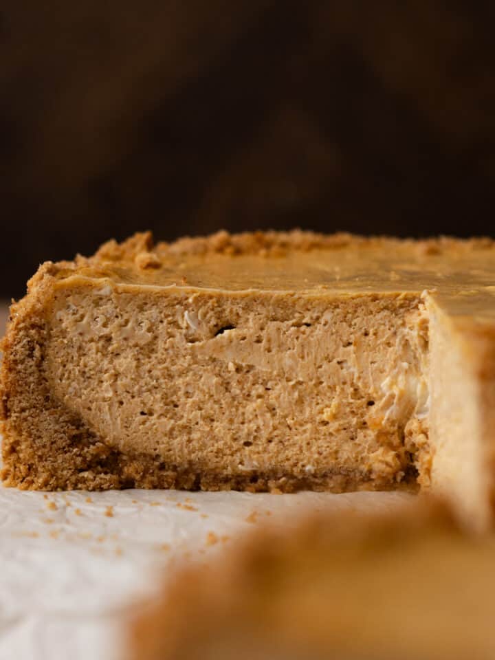 Close up of brown butter pumpkin cheesecake.