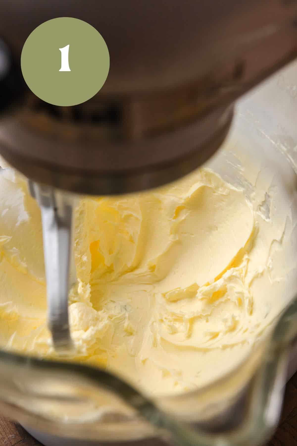 Creaming butter in the bowl of a stand mixer.