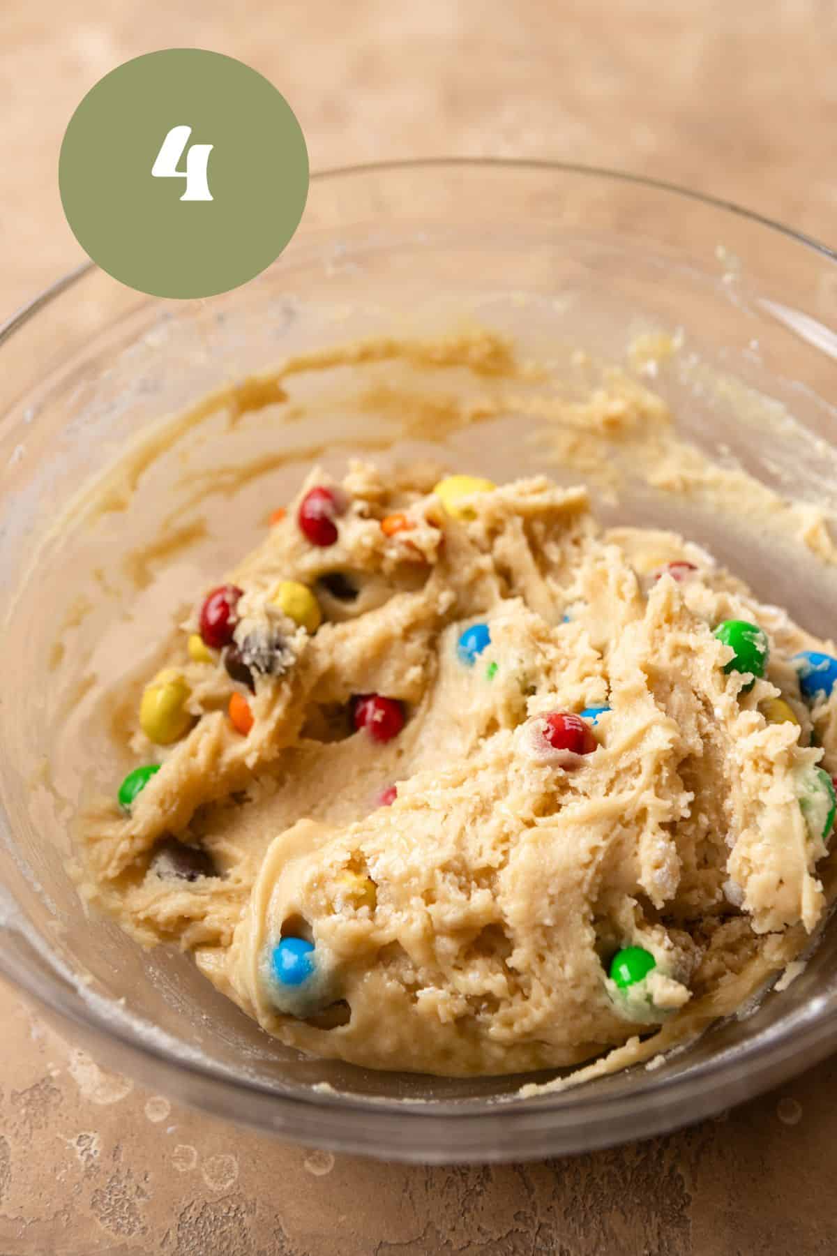 M&M cookie dough in a large bowl.