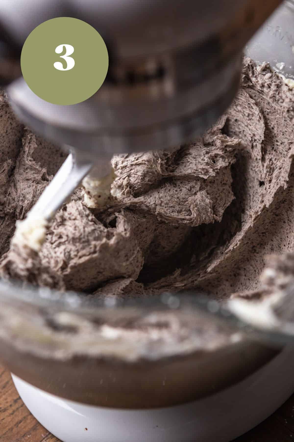 Oreo frosting in a stand mixer.
