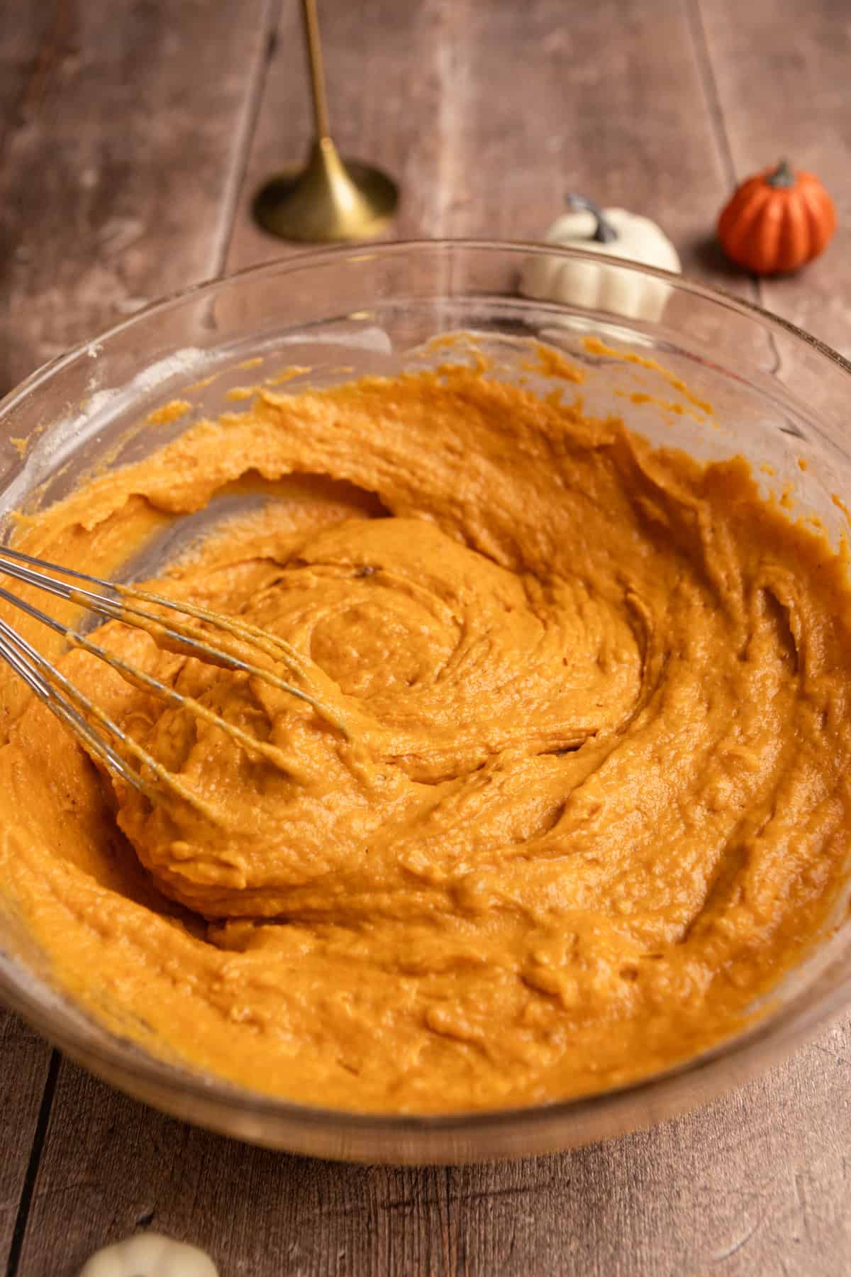 Pumpkin bread batter in a mixing bowl.