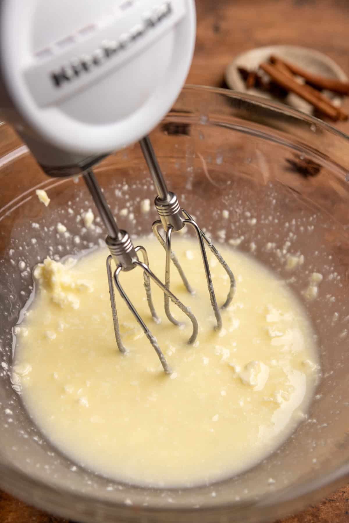 Butter and oil in a large bowl with a mixer.
