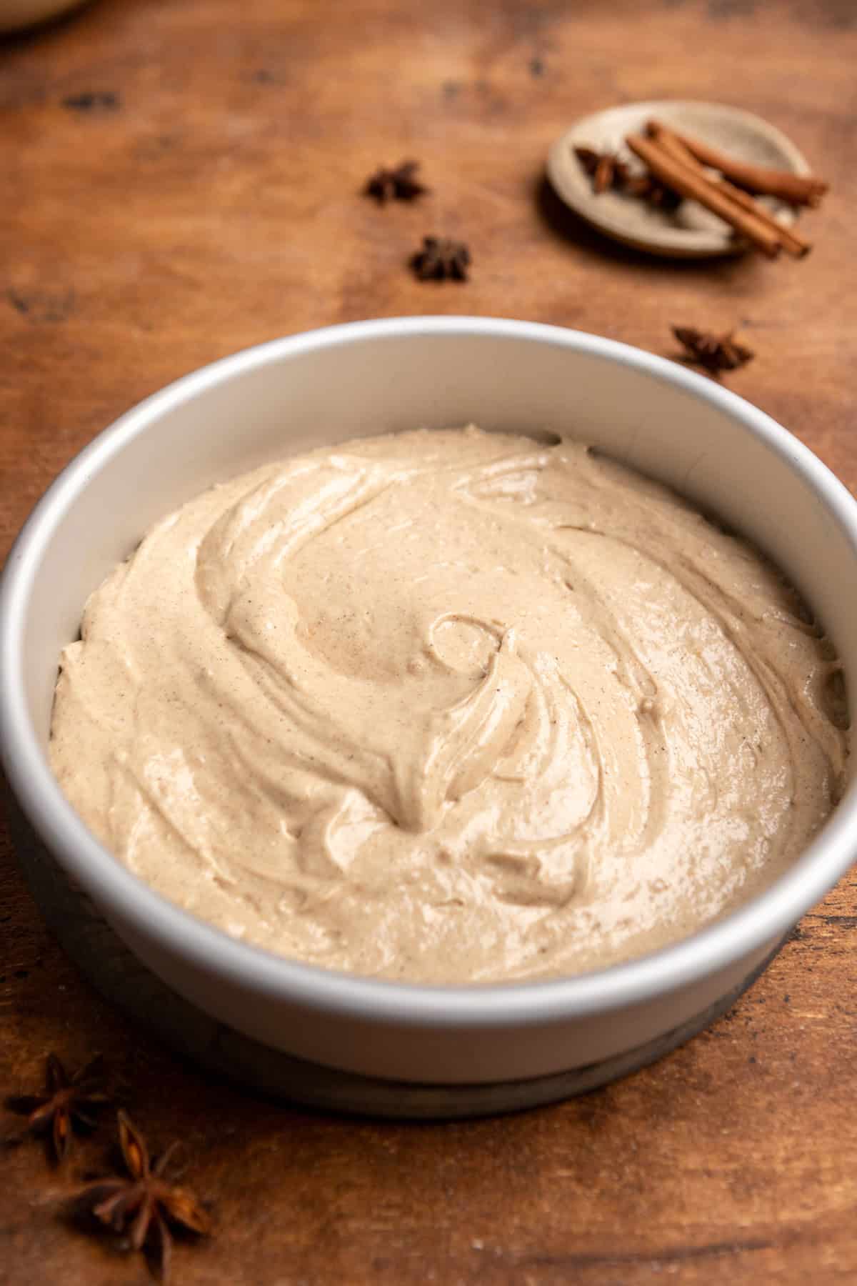 Cake batter in a pan.