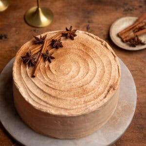 A chai cake with cinnamon and star anise on a wood surface.
