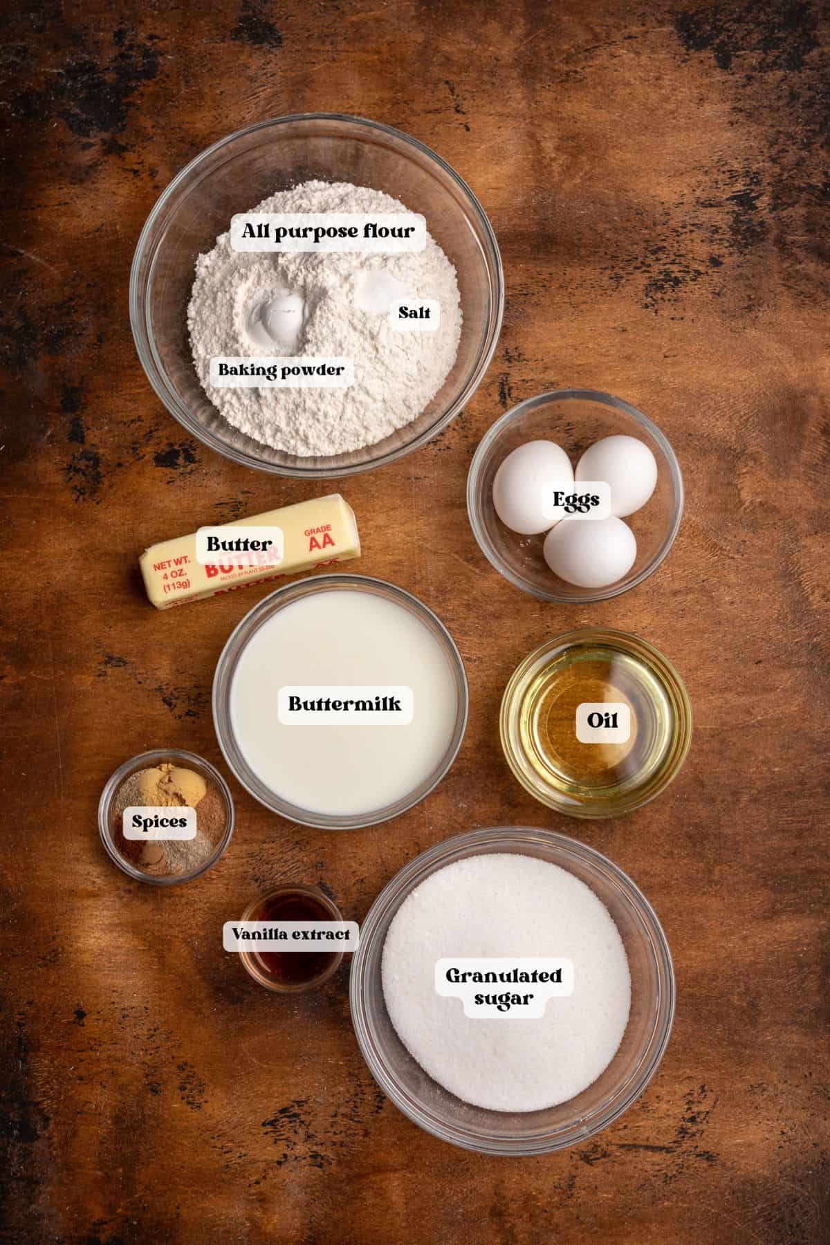 Ingredients to make spiced cake batter.