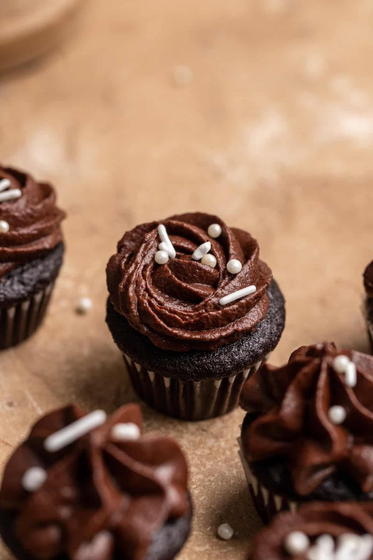 Mini chocolate cupcakes with white sprinkles.