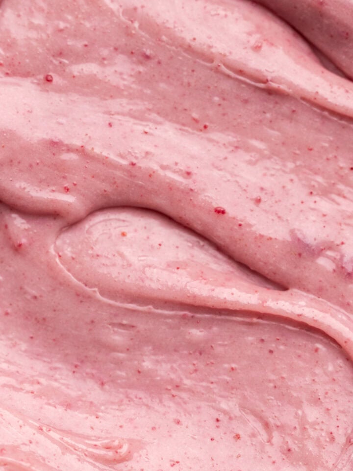 Close up of raspberry white chocolate ganache swirls.