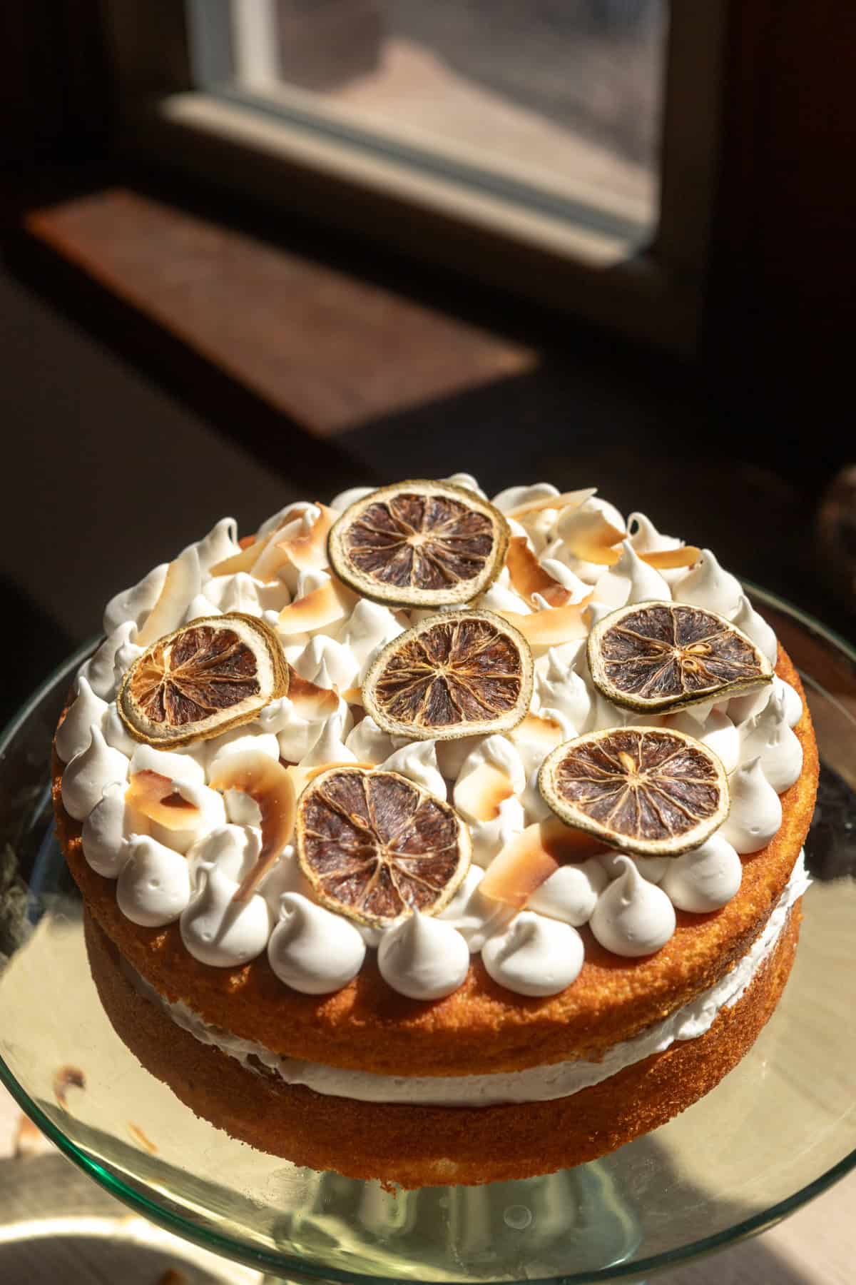 Close up of a cake decorated with dried limes and coconut flakes.