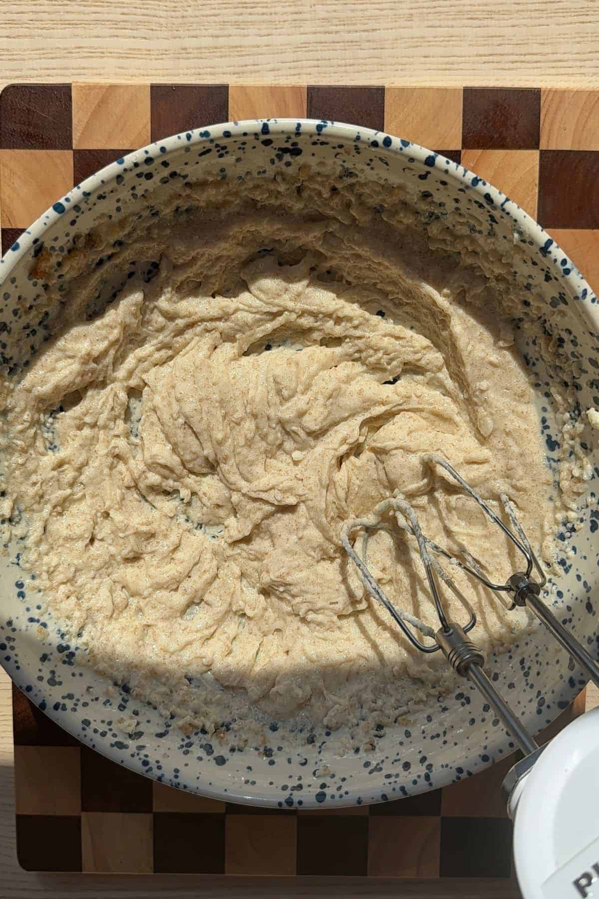 Creamed butter, sugar, and brown sugar in a large bowl.