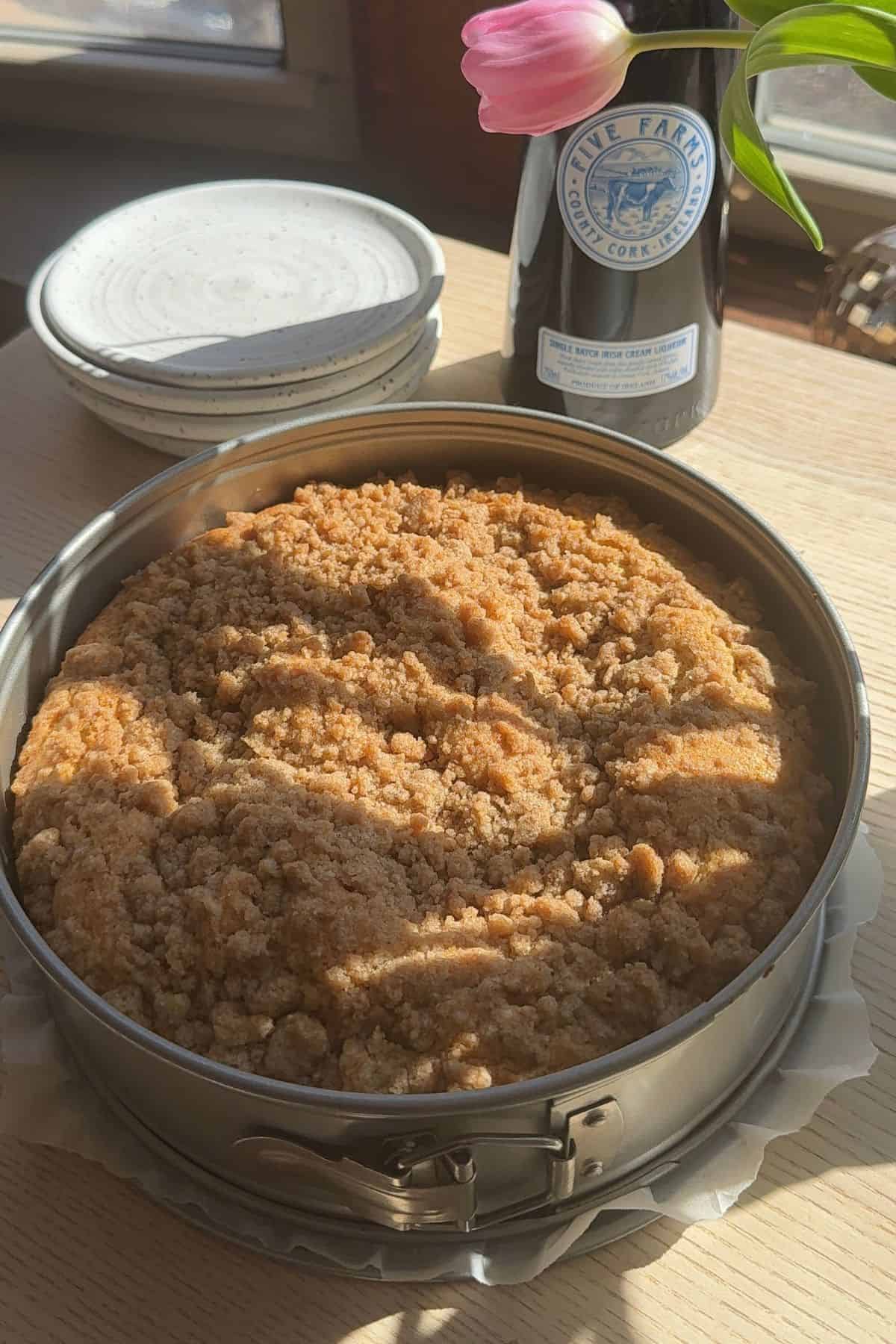 A baked coffee cake in a springform pan.