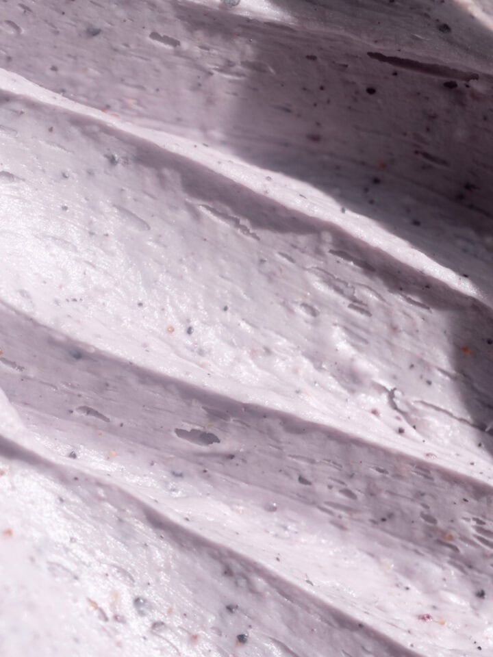 Close up of white chocolate blueberry ganache swirls.