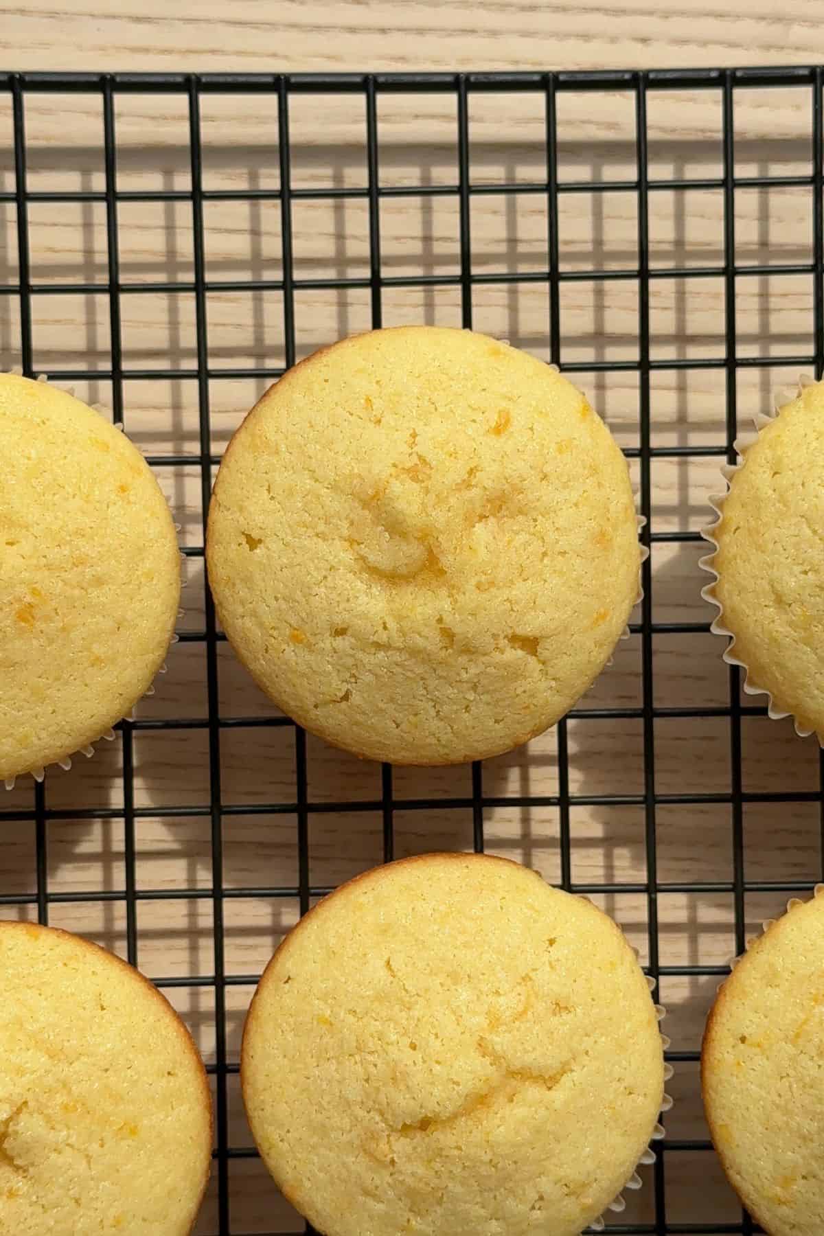 Baked cupcakes on a wire rack.