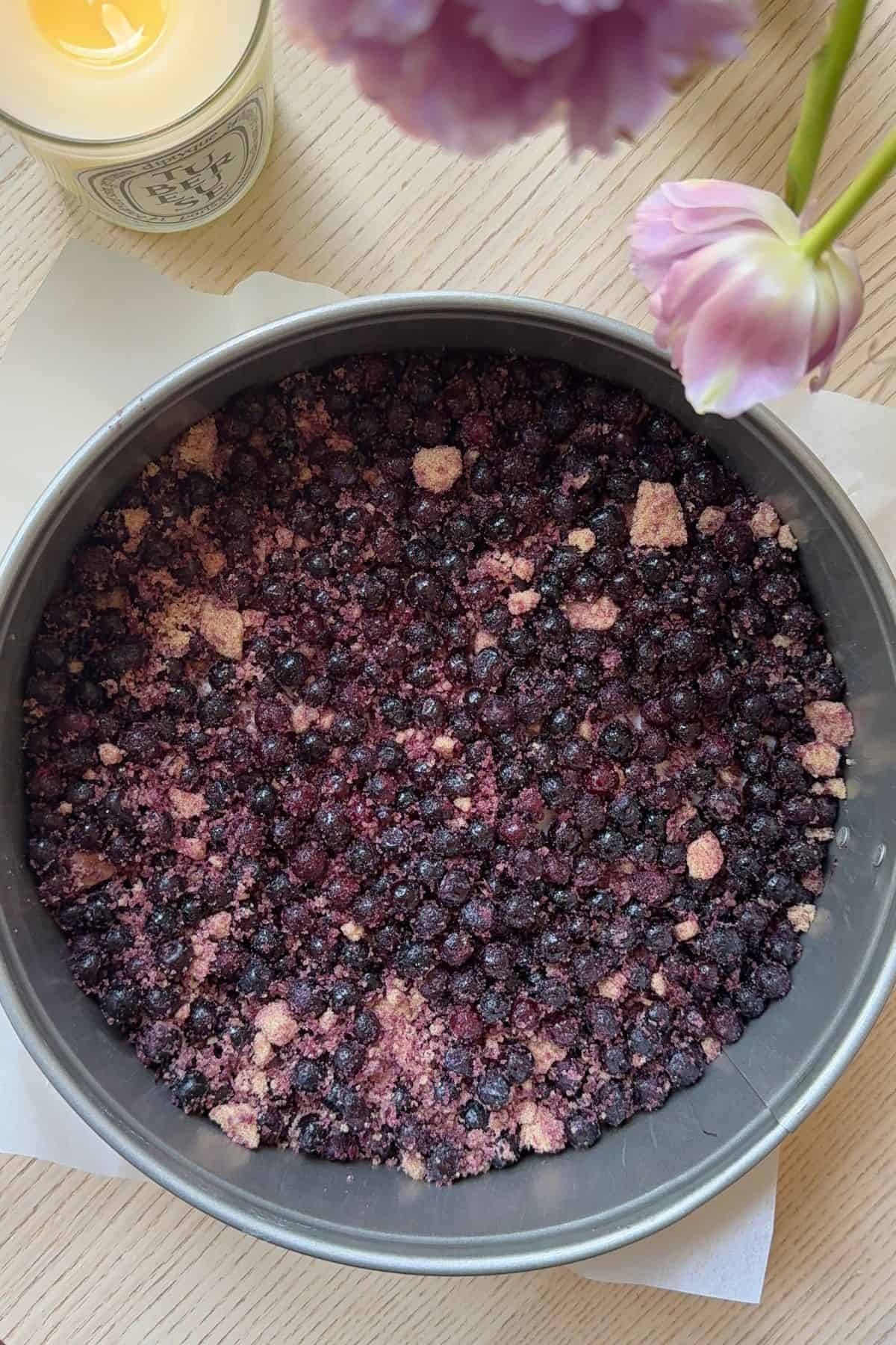 Frozen blueberries and brown sugar at the bottom of a springform pan.
