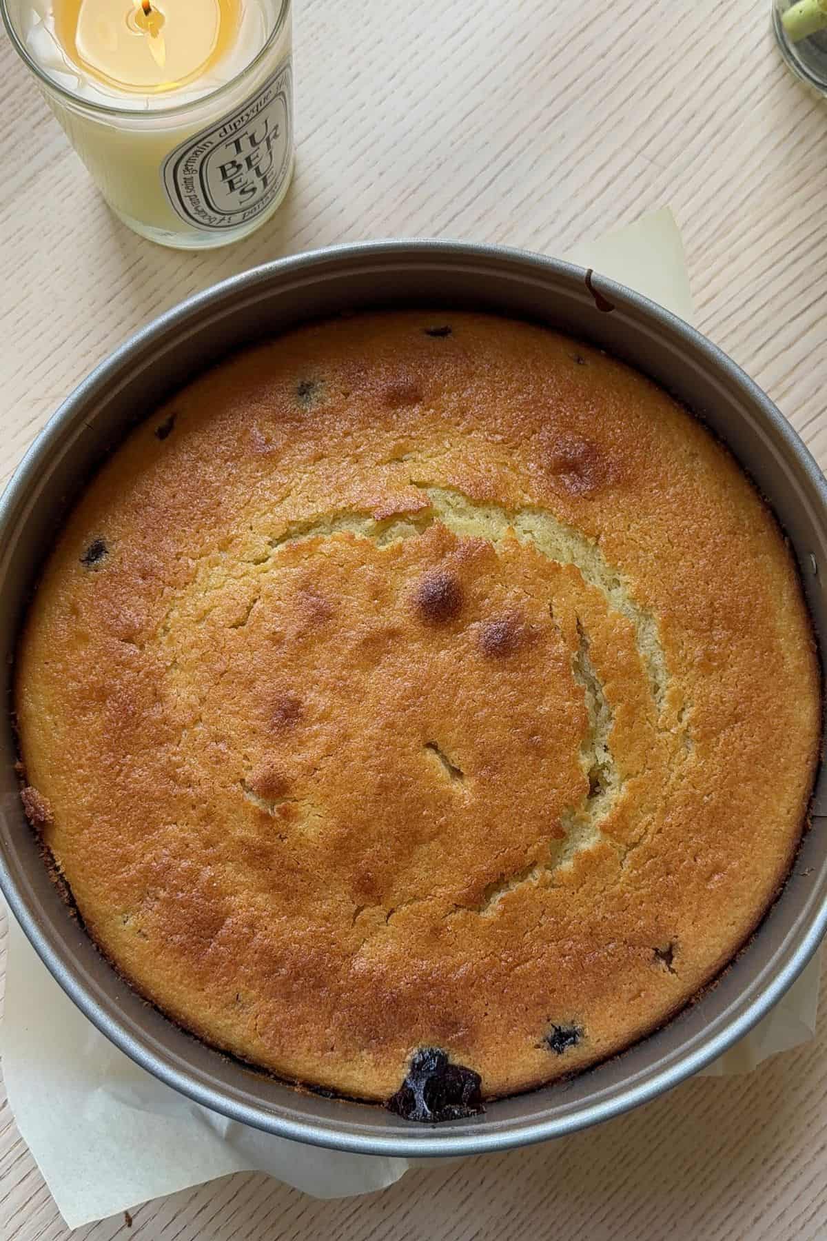 A baked cake in a springform pan.
