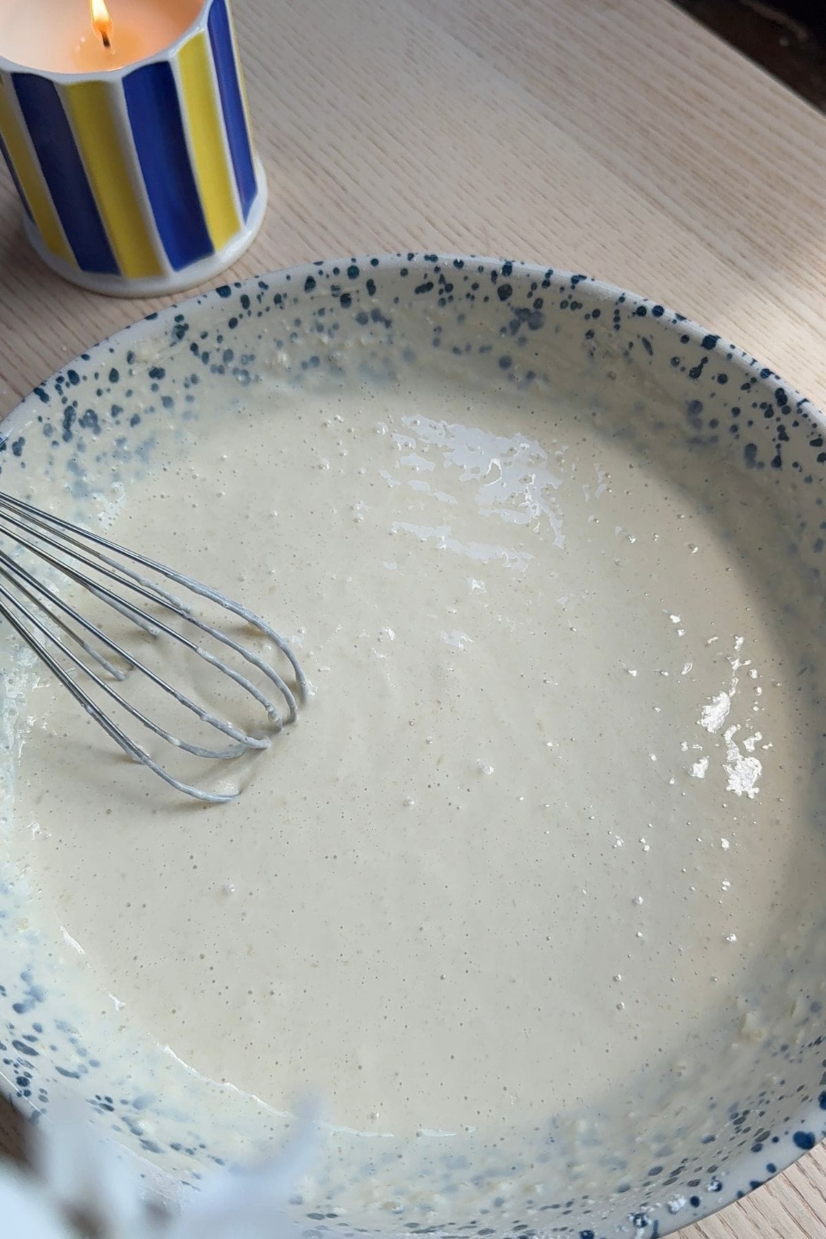 Pancake batter in a mixing bowl.