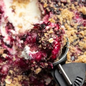 A scoop full of scoopable berry cheesecake.