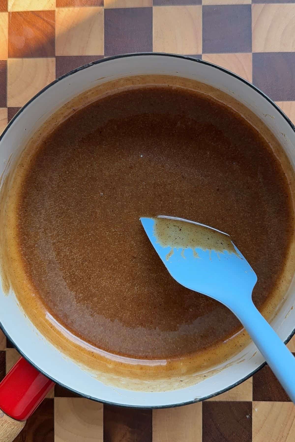 Butterscotch sauce in a saucepan.