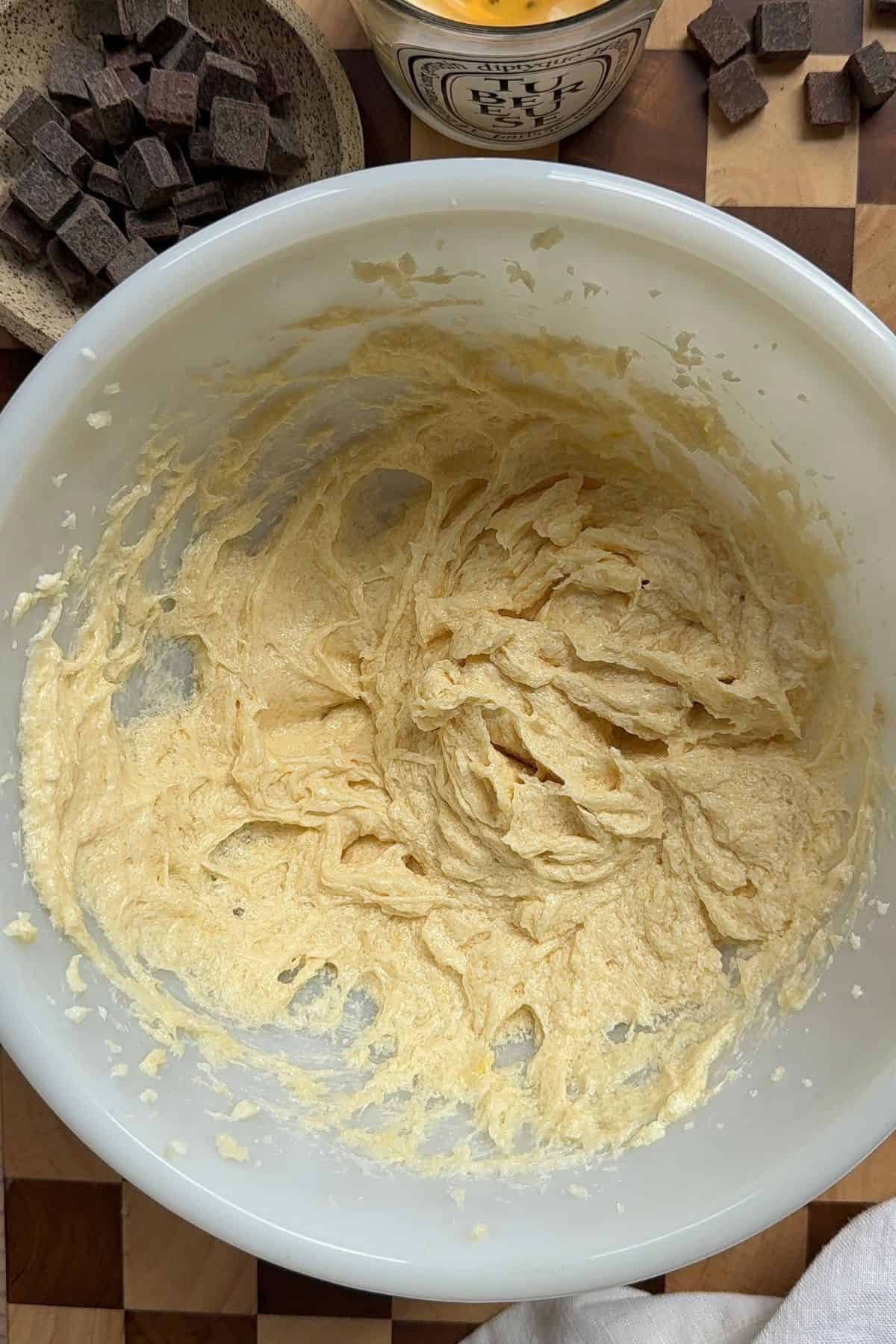 Wet ingredients in a large mixing bowl.