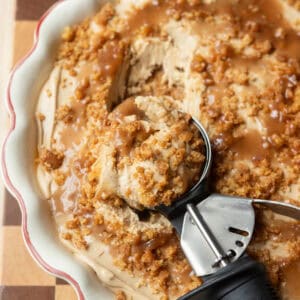 Dirty chai scoopable cheesecake with a cookie scoop in it.