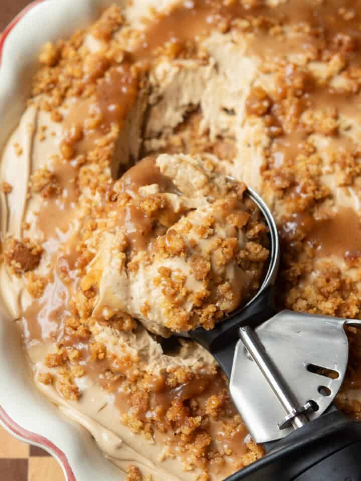 Dirty chai scoopable cheesecake with a cookie scoop in it.