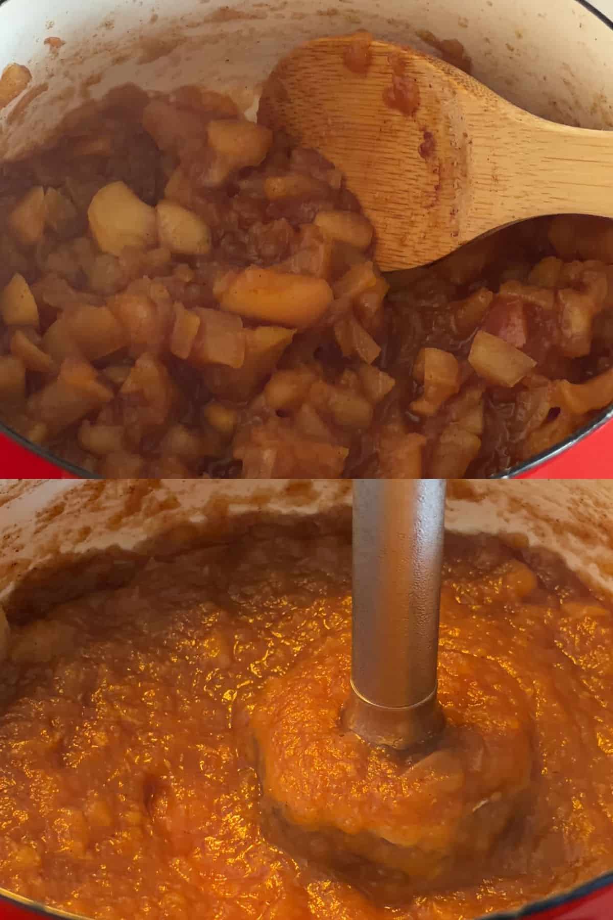 Apples cooked down in a saucepan with a wooden spoon and a photo of the apples blended with an immersion blender into an apple butter.